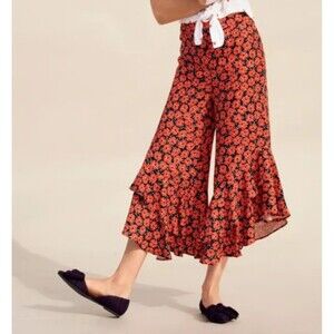 Anthropologie Red Poppy Floral Satin Cropped Wide Leg Ruffle Pants NWOT XL